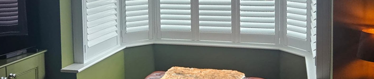 A dark, cosy living room in green with elegant plantation shutters in grimsby